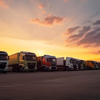 many transport trucks parked at a service station at sunset.